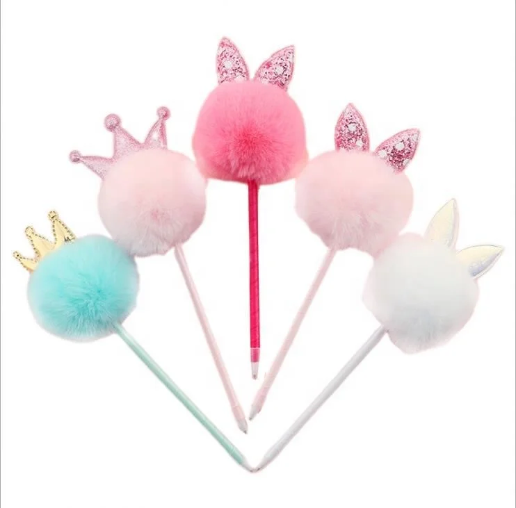 Korean Version of Cartoon Hair Ball Gel Pen Pink Crown Hair Ball Charm Gel Pen with printing logo