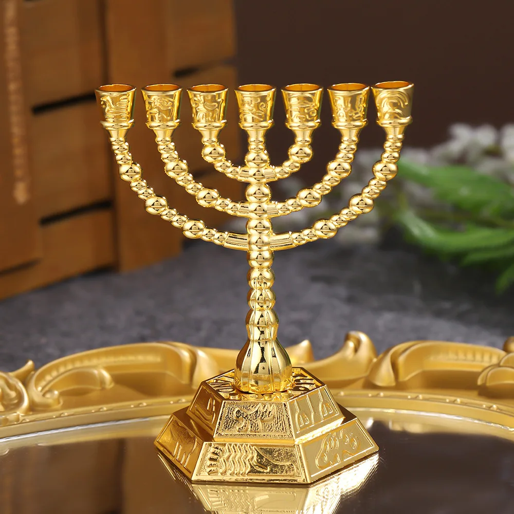 7 Jewish candlesticks gold religious table metal decoration Gold vintage metal multi-head candle holder