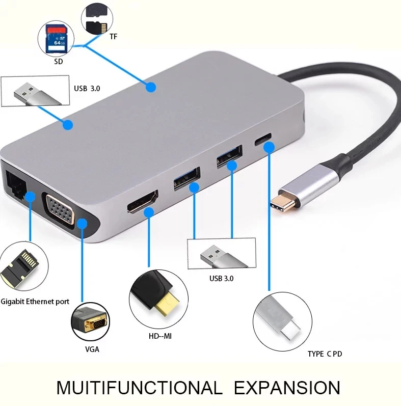 10 в 1 USB-концентратор типа C 3 0 док-станция 4K HDMI VGA цифровой AV многопортовый Кабельный адаптер с 100 Вт PD зарядным устройством для Macbook pro