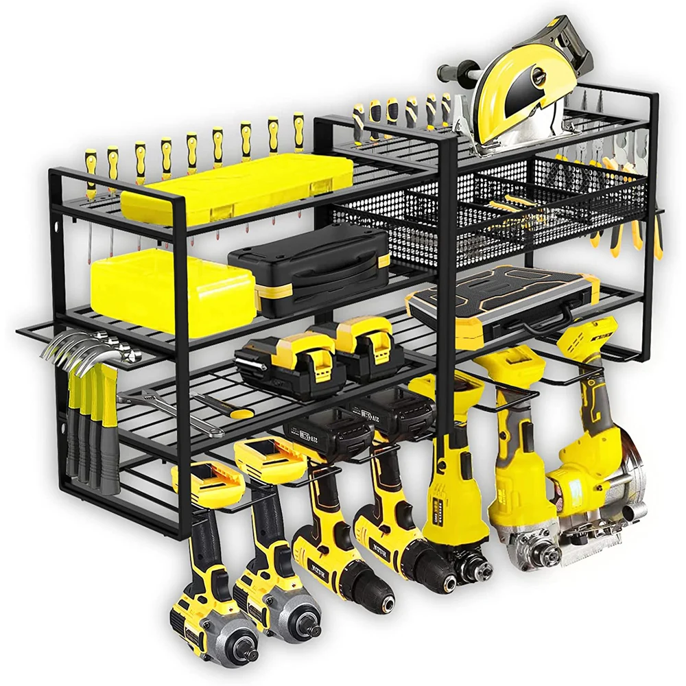 4 Layers Power Tool Organizer, 7 Drill Holder Storage Wall Mount, Metal Larger Capacity Tool Storage Rack with Basket Shelfelves