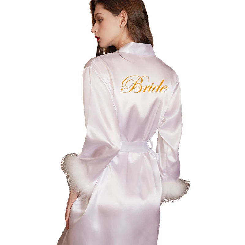 New arrivals Bridal dressing gown ladies sexy nightgown wedding makeup bridesmaid satin sleepwear kimono feather bridal robe