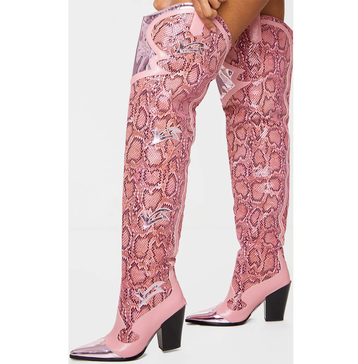 women pink cotton mesh fabric with snake print leather chunky heel thigh high boots
