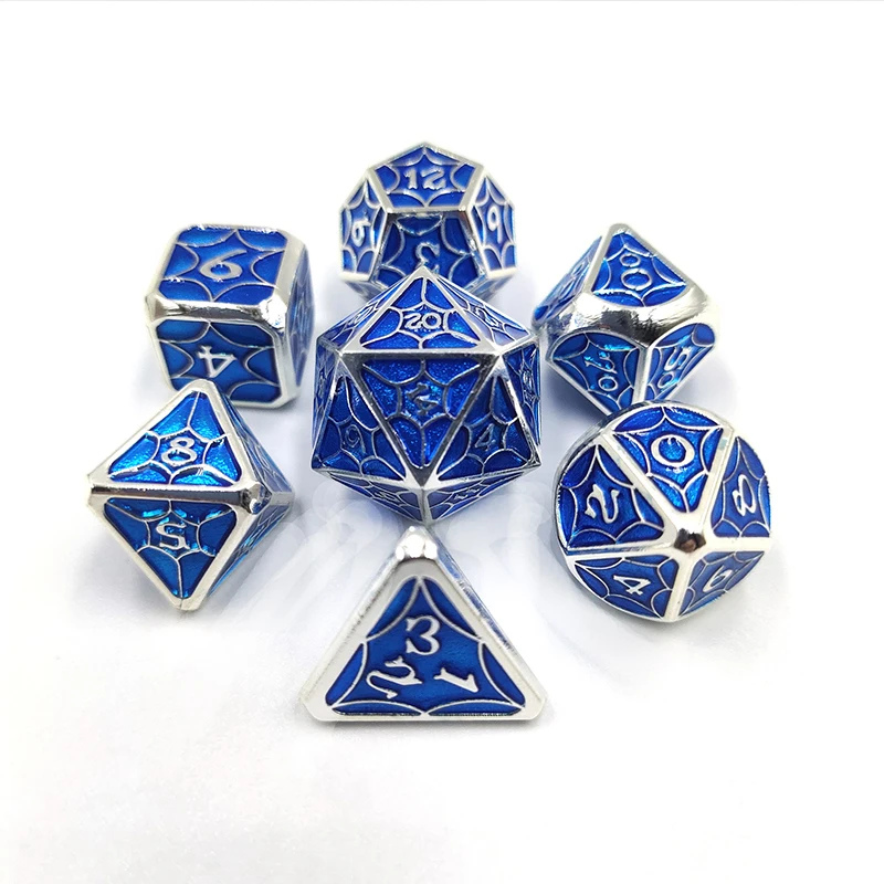 7PCS/SET Metal Polyhedral Dice D20 D12 D10 Sharp-Corner Silver Edge Blue Galaxy Zinc Alloy Dices Custom