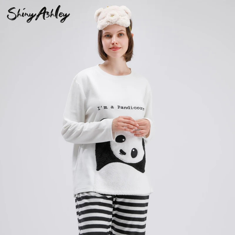 shiny ashley warm 100% polyester Flanneel fleece sleep set cute panda winter women thermal pajama sets