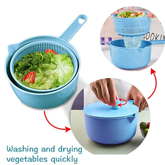 Wholesale large salad spinner kitchen accessories Lettuce Dryer salatschleuder wheat straw Spinner Salad  with long handle
