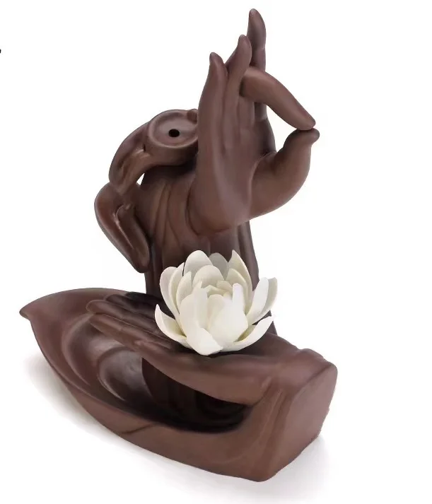 New Arrivals Purple Sand Buddha Hand Incienso Holder Flower Lotus Smoke Backflow Censer Ceramic Incense Burner
