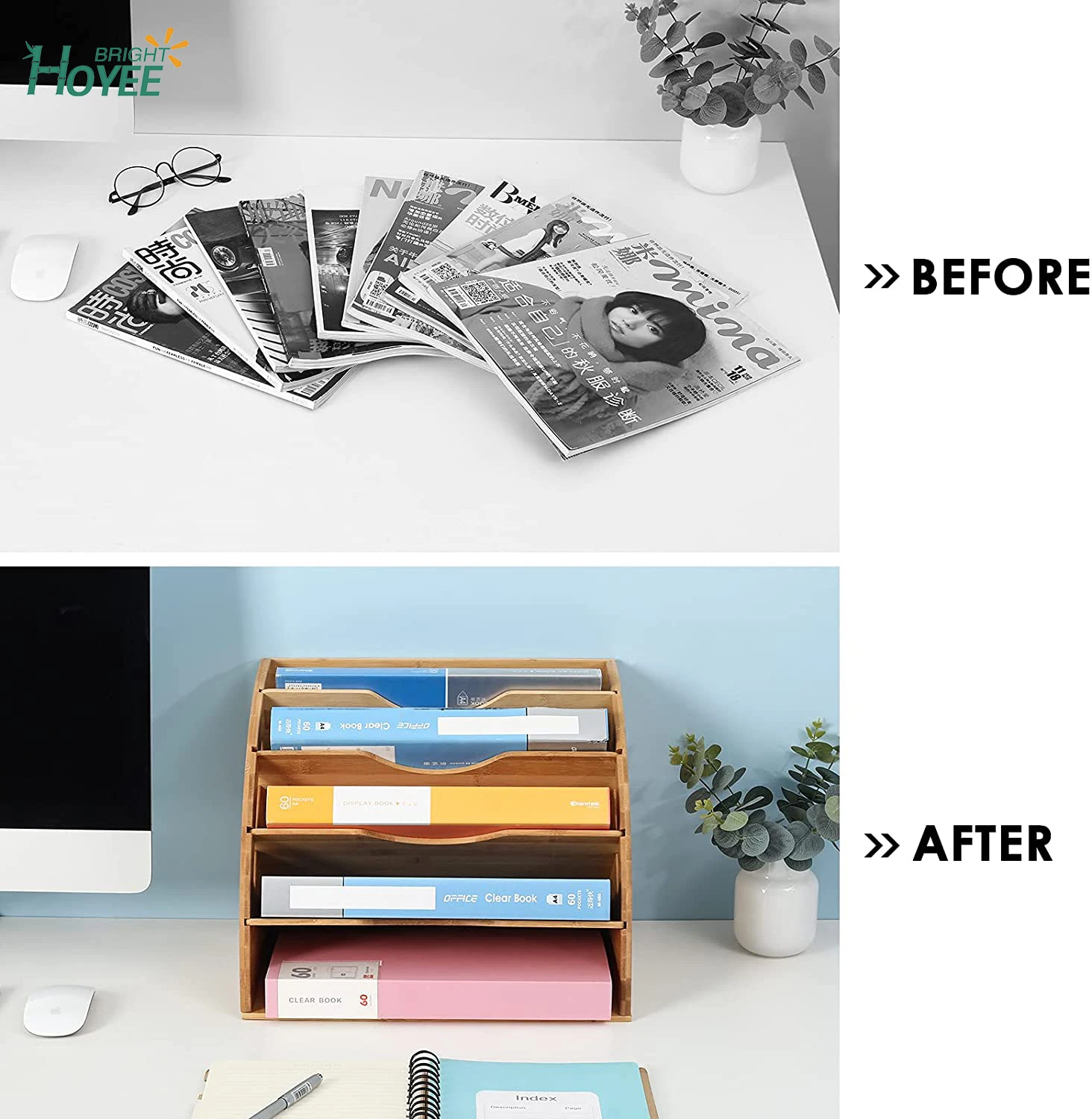 Bamboo File Organizer Fan-Shaped Desktop Document Paper Sorter for Office Home School