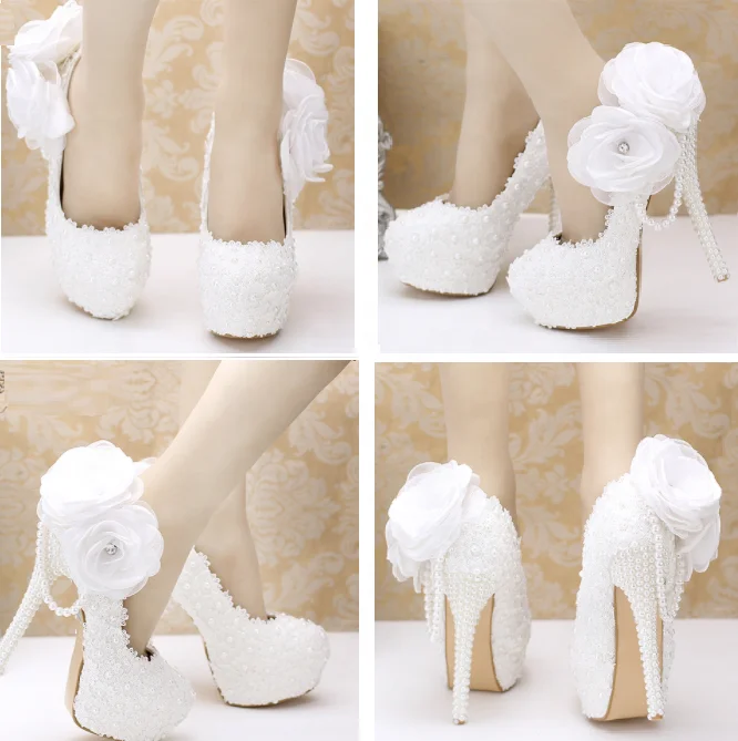 White Lace Floral Bridal Shoes Female Sandals Pearl Womens Block Heel for Ladies