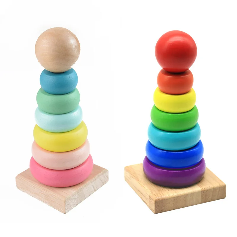 Color Cognition Montessori Rainbow Tower Wooden Stacking Rings Building Block Brain Developmental Toy