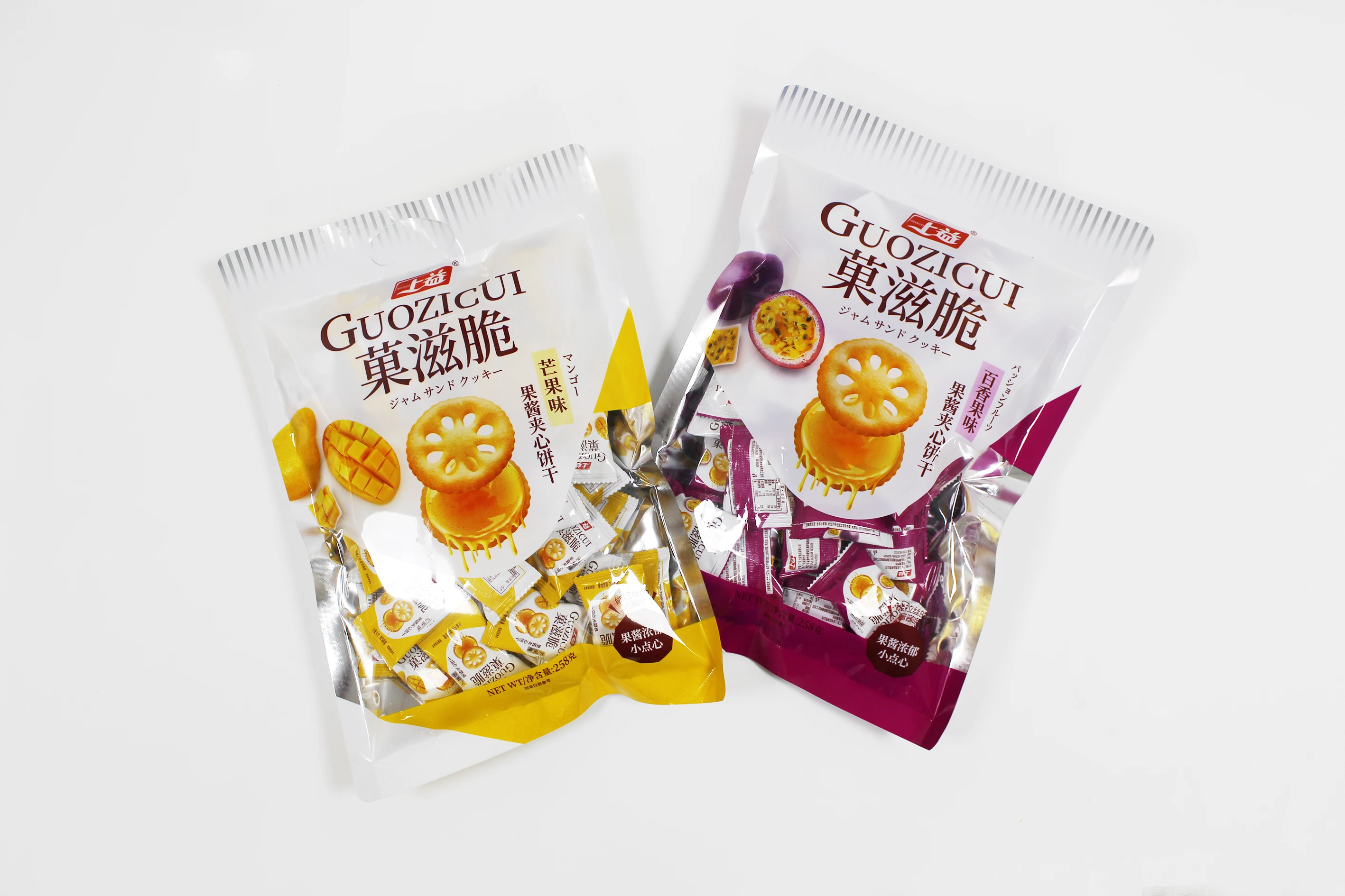 New design 258g Guozicui Jam filled Sandwich biscuits and cookies snacks multi-flavored biscuits for Child