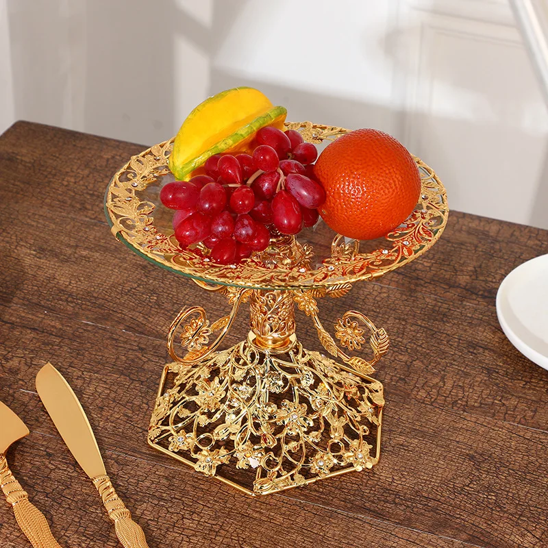 Factory hot sale product Turkish tableware metal frame gold plated round glass dessert cake stand fruit basket