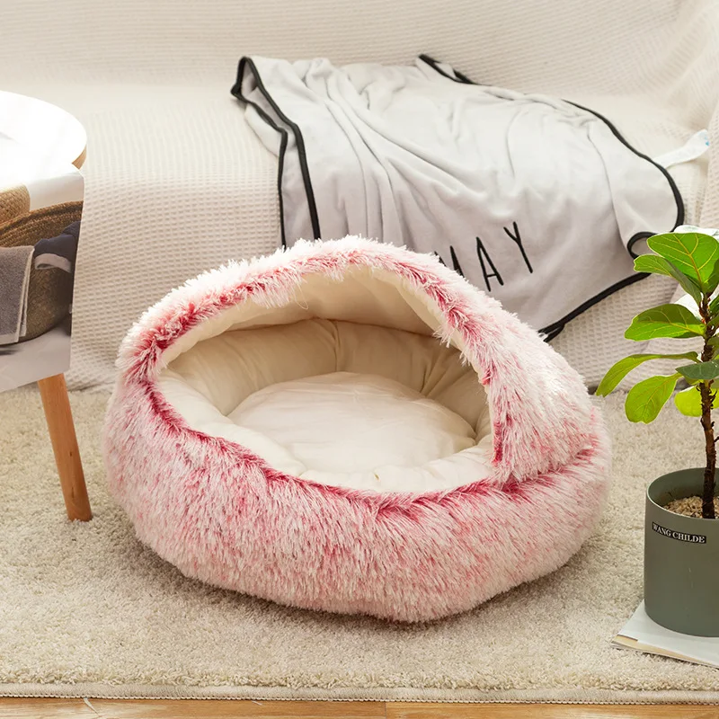 Warm Pet Bed Plush Removable Semi Enclosed Cat Dog Cushion Faux Fur Pet Dog Bed