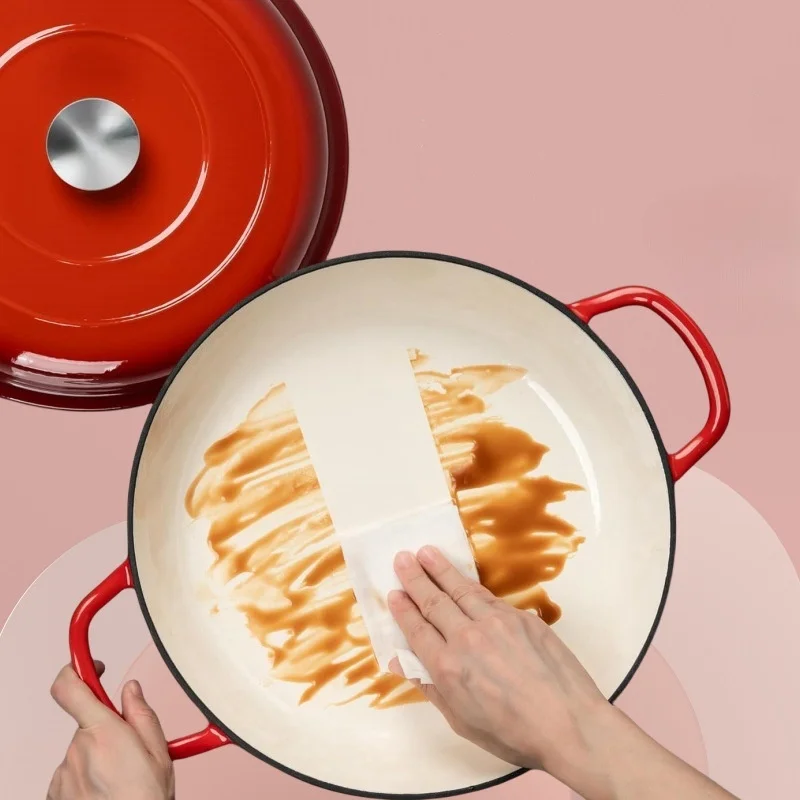 3.8 Quart Enamel Cast Iron Dutch Oven - Crock Pot with Loop Handles and Lid - Shallow Cookware Braising Pan