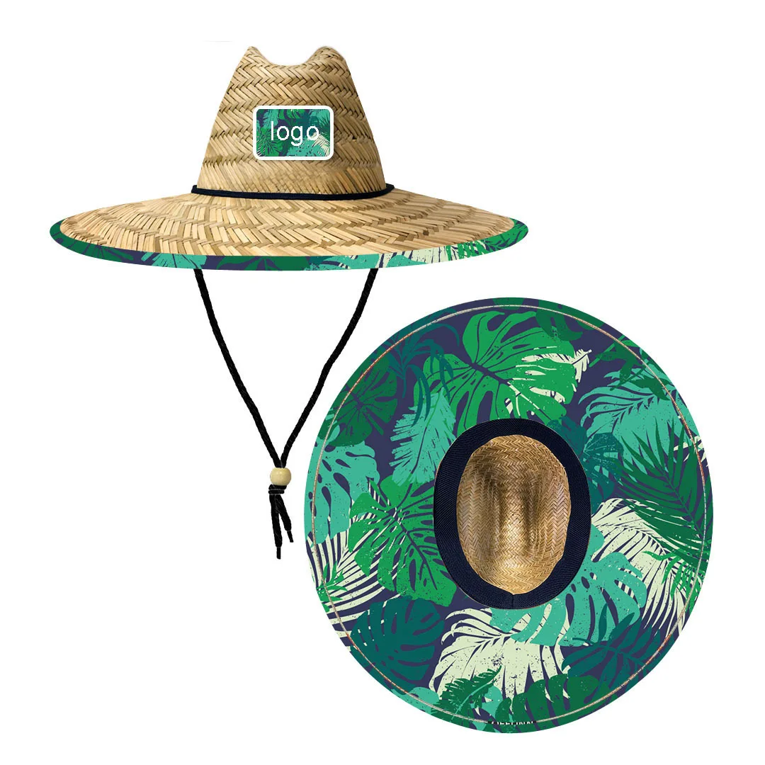 Custom Print Design Logo Patch Natural Straw Sombreros  Fisherman Lifeguard Sun Hat Summer Wide Brim Fishing  Beach Hat