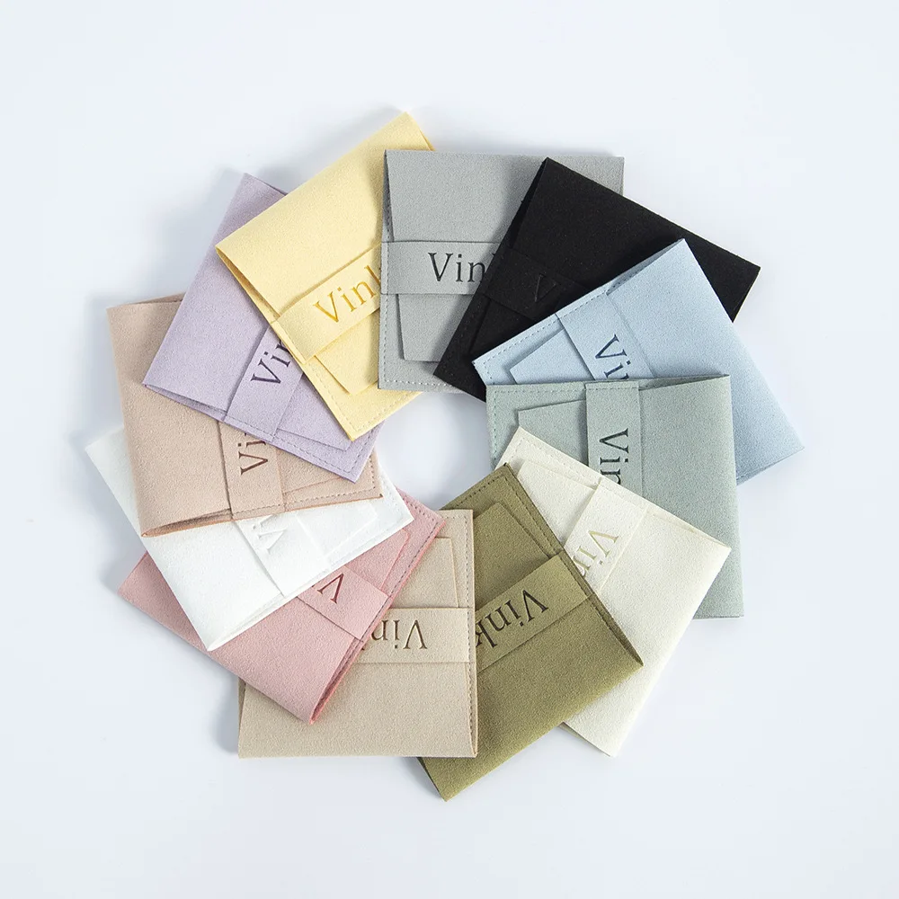 Custom Logo Microfiber Suede Velvet Jewelry Pouch with Insert Pad for Earrings Necklaces Bracelets Storage Display in Bags Trays