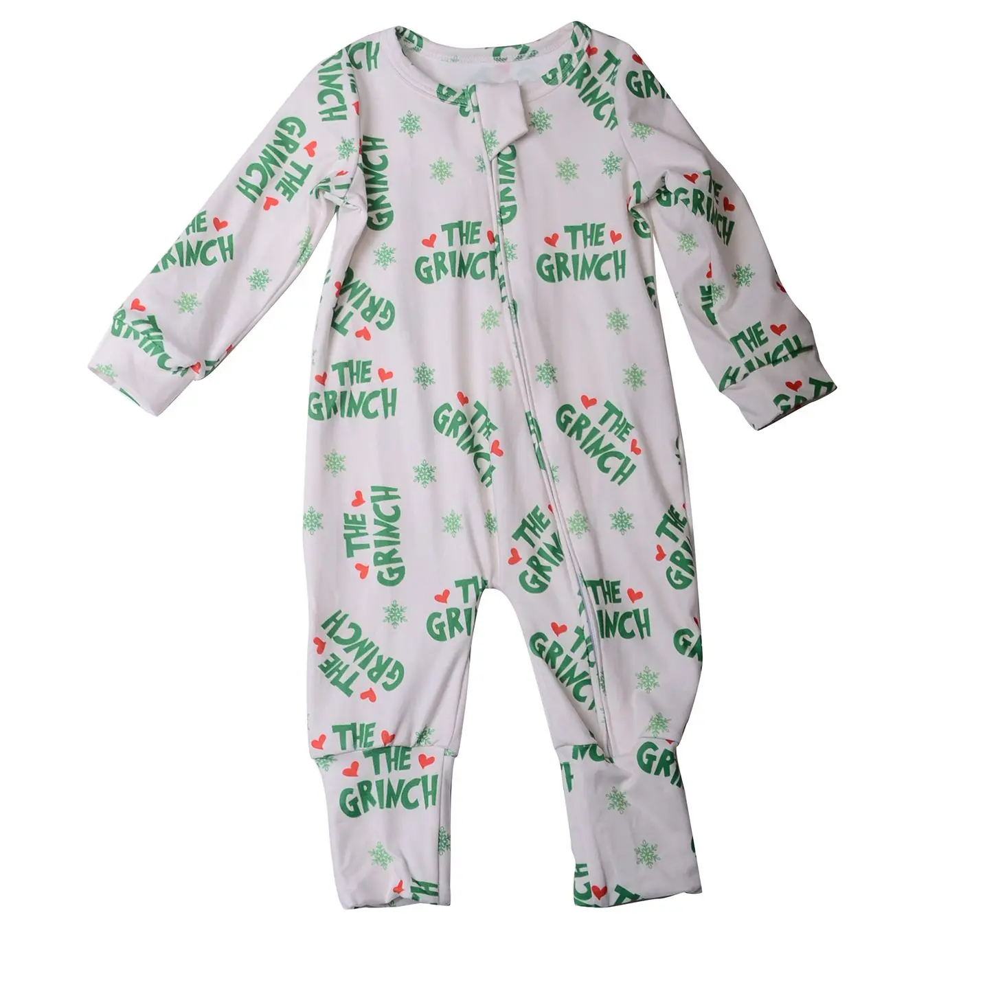 230g cotton/bamboo Custom Christmas Printed Girls Jumpsuit Long Folding feet Romper Babies Zip-Up Pajamas
