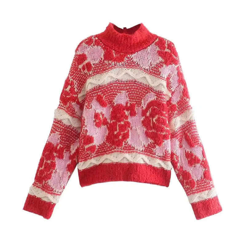 MY6127 New 2022 Chic Red Floral Jacquard Pattern Sweater Women Chic Knitted Tops Clothing 9