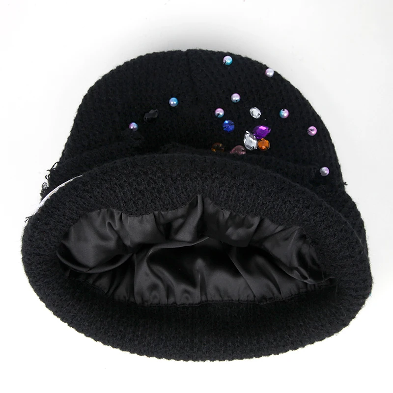 Distressed Style  Silky Satin Lining Inside Knit Winter Hat Rhinestone Beanie with Custom Logo Woven Label Patch