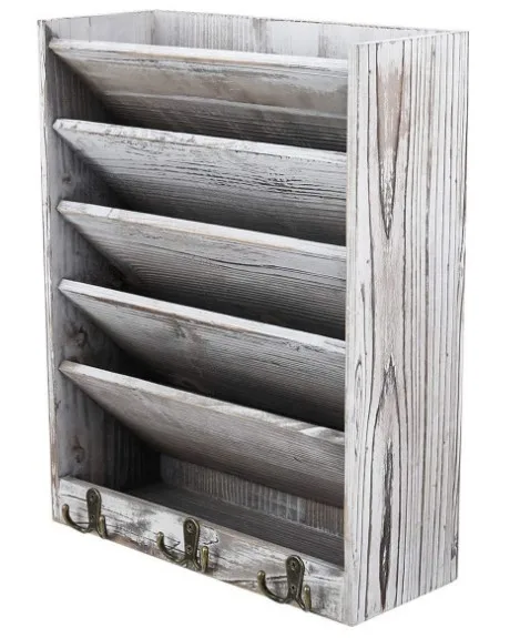 Hot Sale Rustic Torched Wood Wall Mounted Magazine Rack Documents Organizer,wall mounted mail holder wooden mail sorter