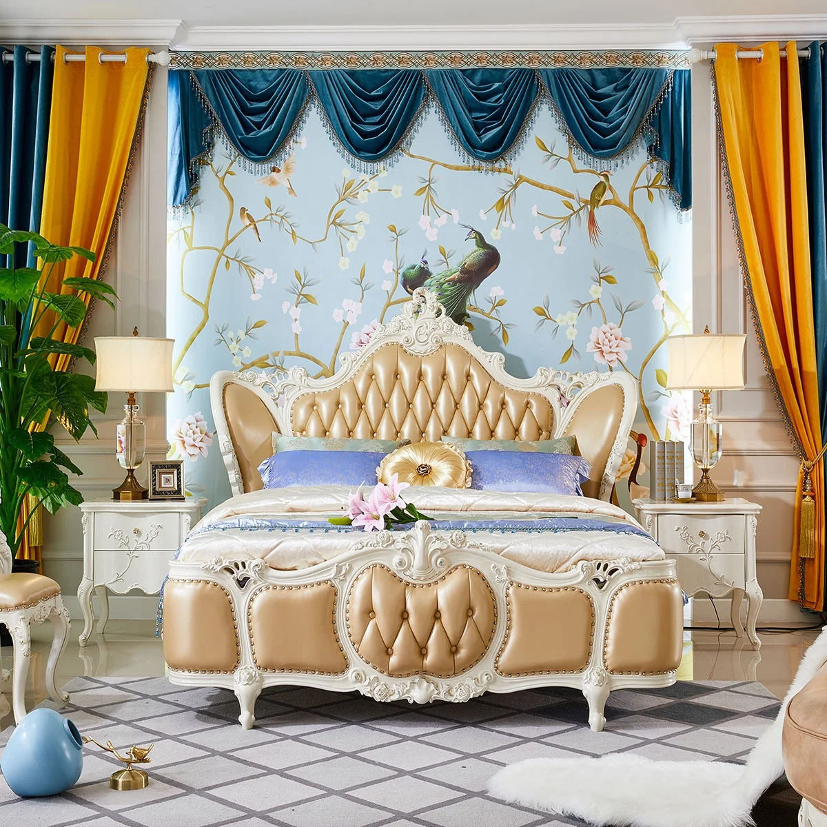 white color French classic design wooden carved leather bed