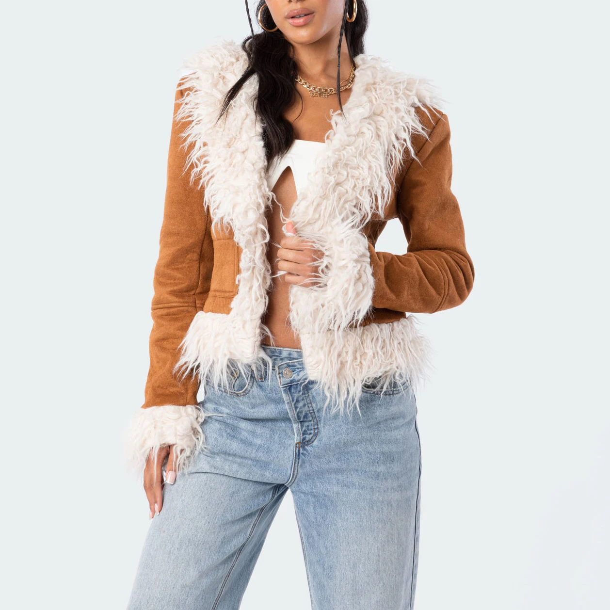 2023 Spring Vintage Custom Y2k Girls Cropped Faux Fur Trim Cardigan Coats Jacket Women