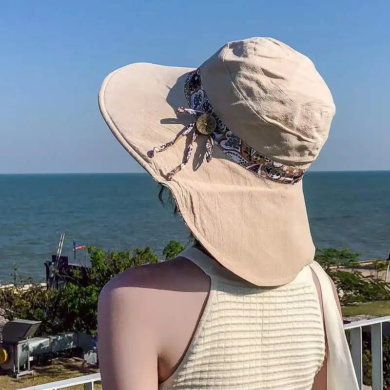 Reversible All Over Print Cotton Bucket Hat Finished With  Printed Fabric Neck Tie Beach Hat