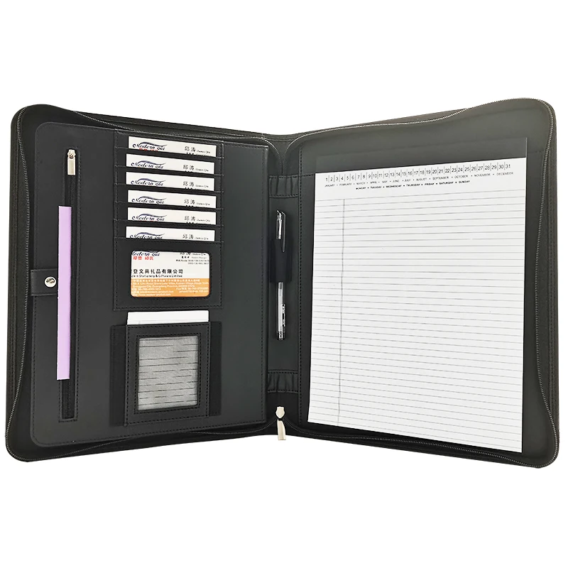 Modernqiu Custom Business Leather Portfolio A4 Leather Notepad Folder With Zipper Leather Padfolio Folder