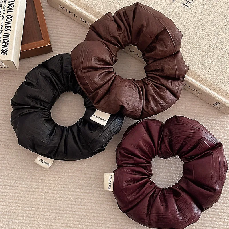 Fashion Oversized XL large Sponge Puffy Scrunchies Brown Color PU Leather Hair Band Women 2024 Fall Winter New Design Accessory