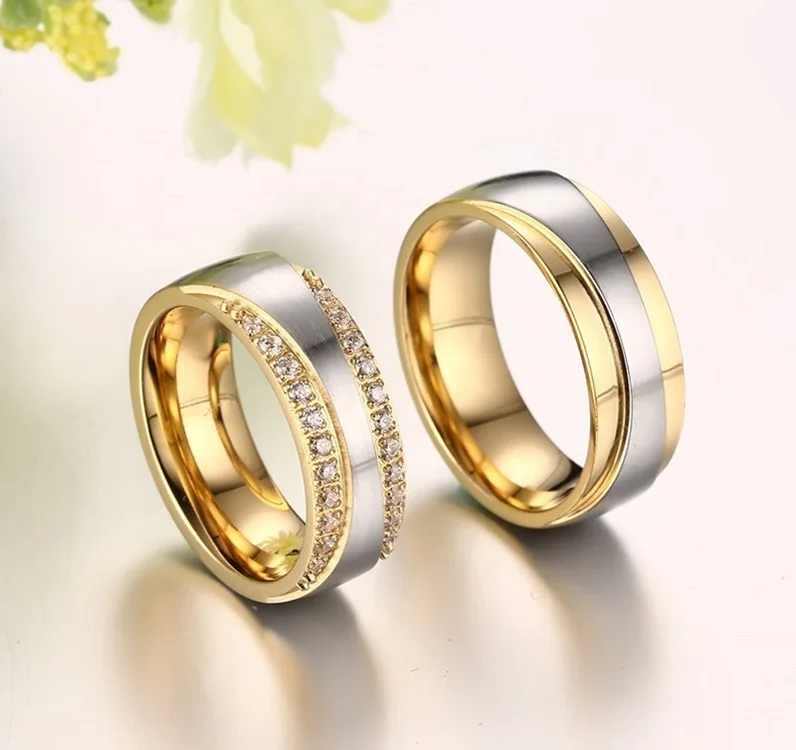 Sini Jewelry Wholesale Stainless steel couple wedding ring fashion 14k gold micro set 3A diamond ring jewelry