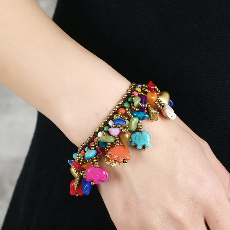 Bohemian Pine Stone Copper Elephant Bracelet Handmade Wax Thread Beaded Colorful Bracelet Female Accessories