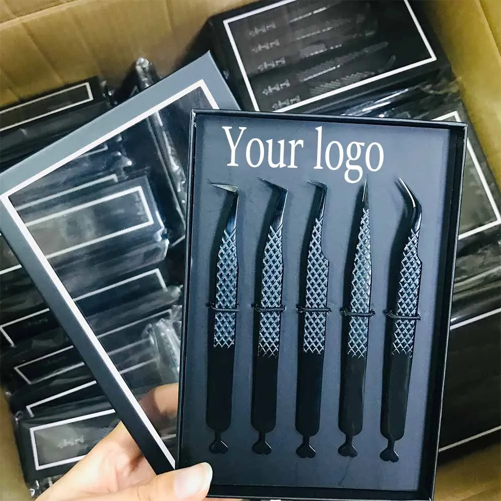 Lash Isolation Tweezers Private Label Fiber Tip Custom Gold Black Logo Box Package Lash Extension Tweezers
