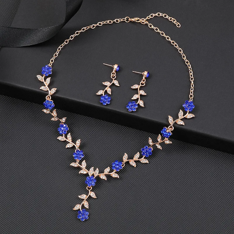 New Design Bridal Wedding Jewelry Set Women Girls Crystal Rhinestone Flower Necklace Earring Set For Dress