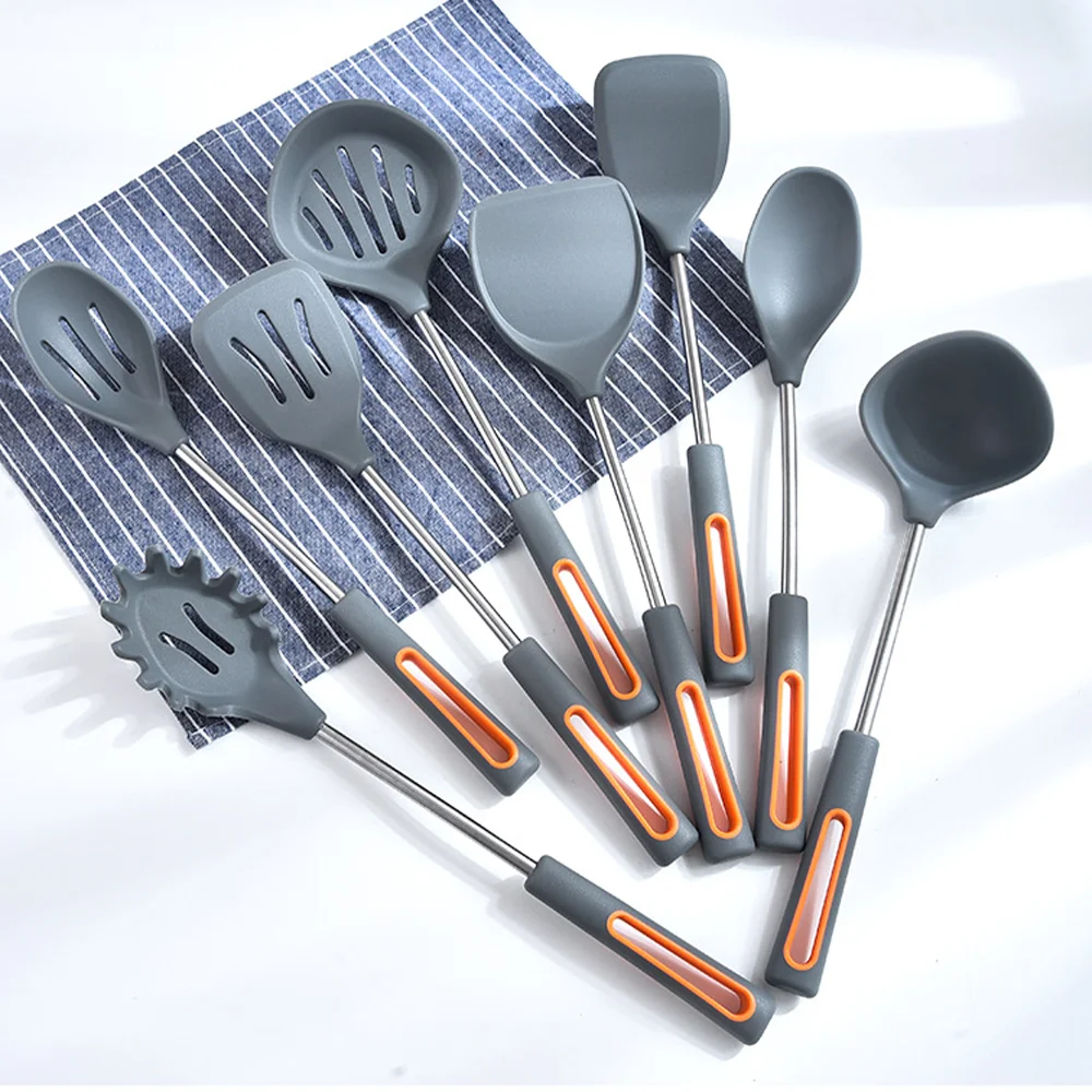 eco friendly Custom kitchen items list Selling Food grade silicone non-stick cooking utensil set and tools with solid handle