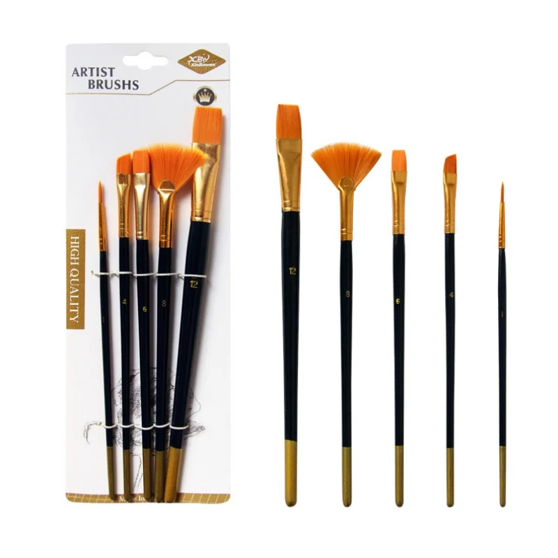 5 Pieces Per Set Black And Golden Color Handle Detail Paint Rough Paint Acrylic Art Painting Brush Set