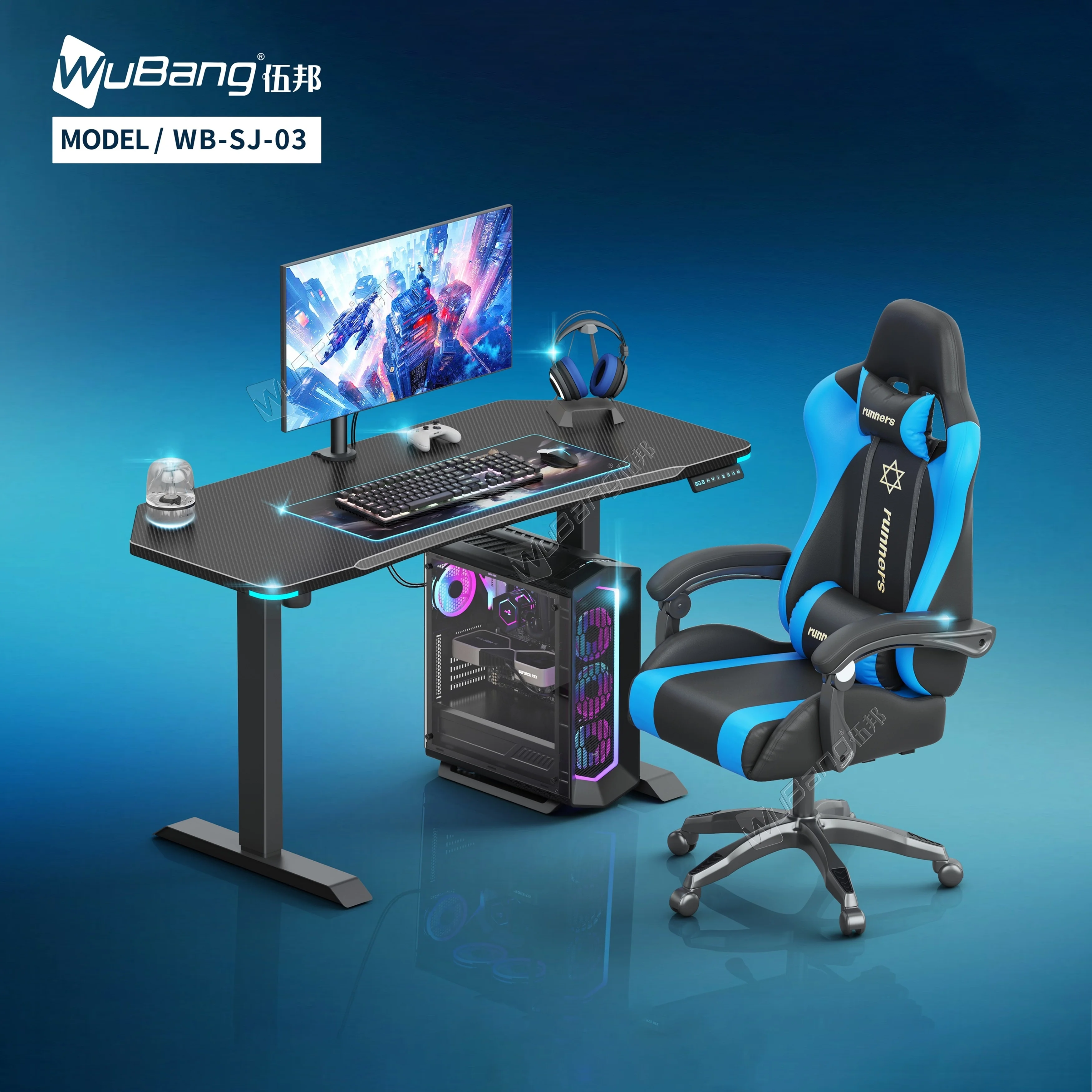 Led Lights Anti-Scratch MDF Tabletop Electric Standing Desk Adjustable Computer Table Gaming Single Motor Computer Gaming Desk