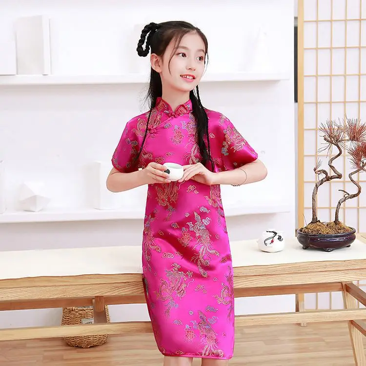Cheongsam Kid Wholesale Summer Chinese Traditional Retro Style Teenage Kid Short Cheongsam Dress For Girls