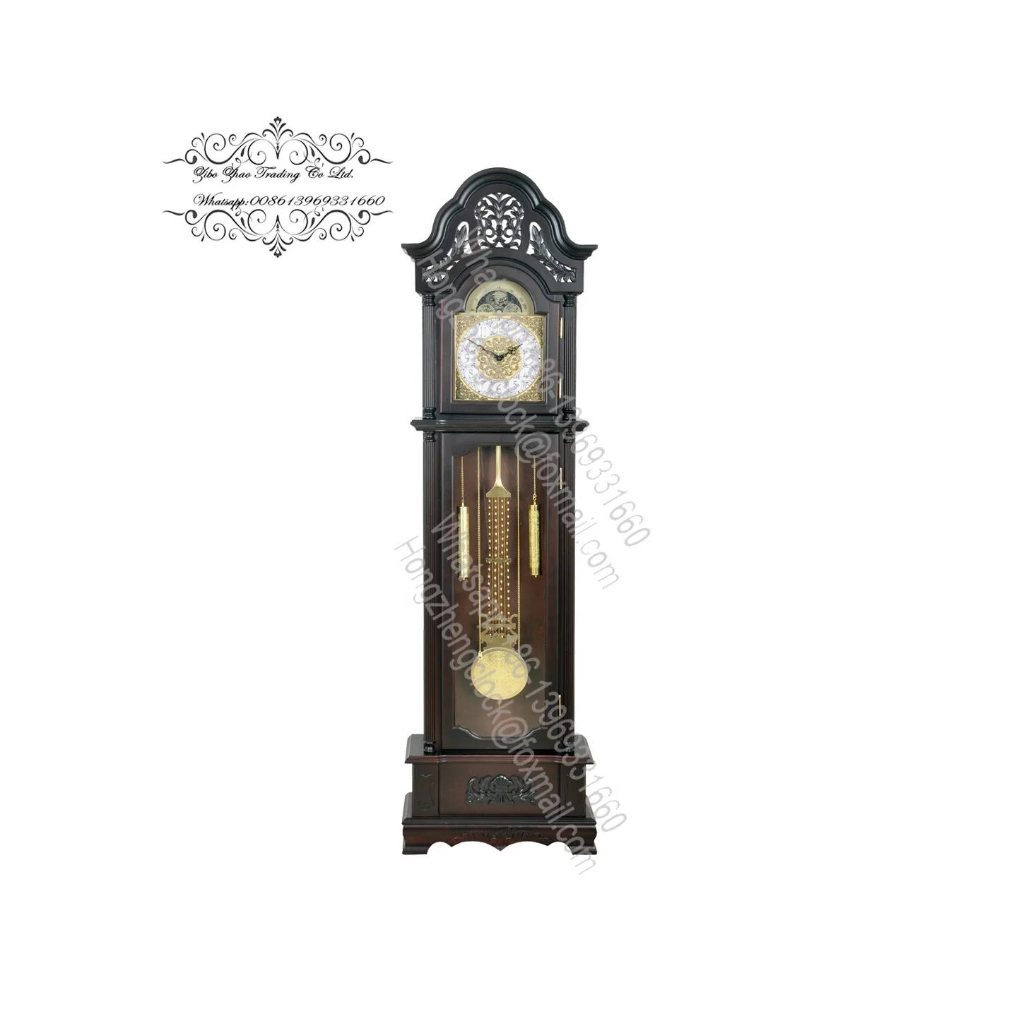 Traditional Solid Wood Grandfather Clock with Chimes, Battery Powered Movement, for Home Decor, in Golden Brown Finish