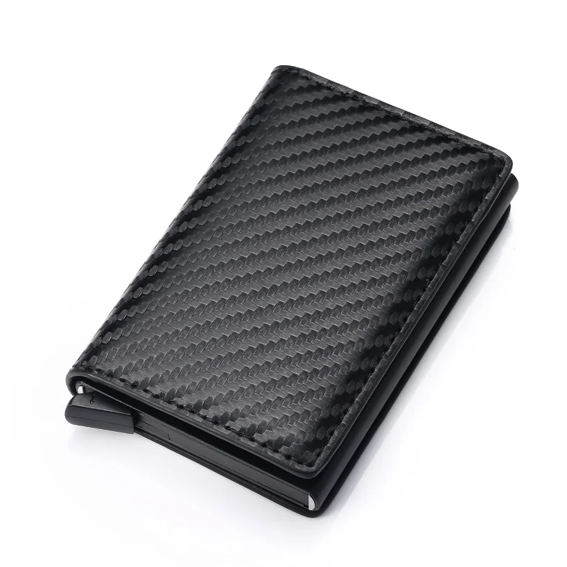Custom Made Logo Carbon Fiber PU Leather Wallet With RFID Blocking Aluminum Credit Cards Holder European Style For Promotion