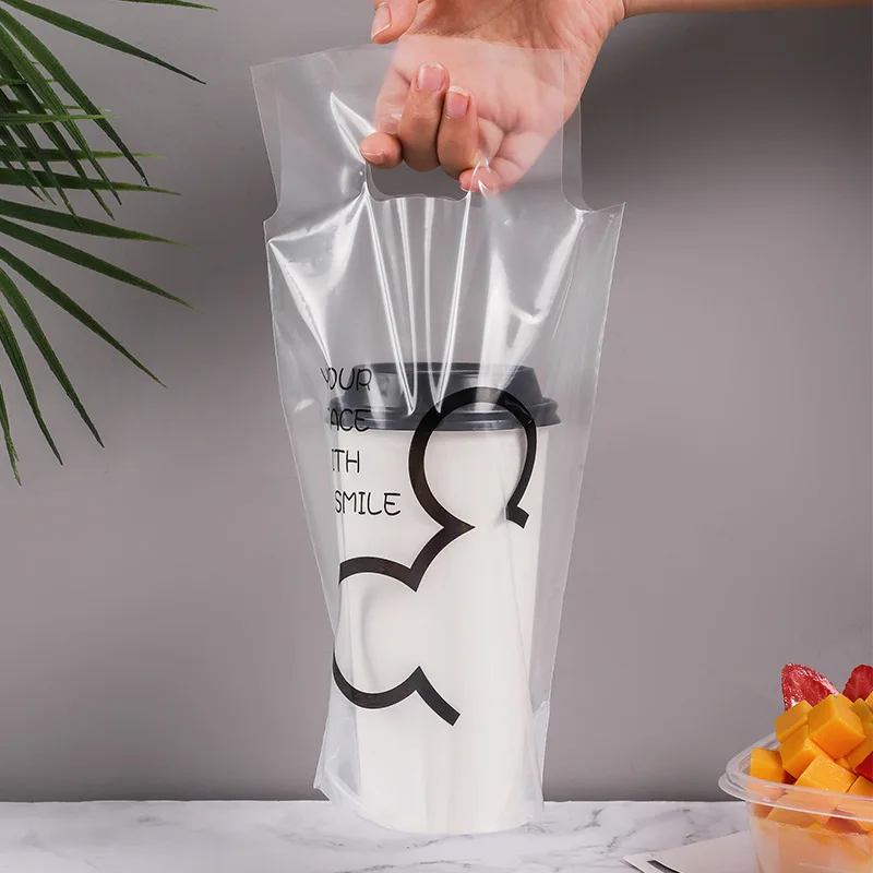 Custom Logo Takeaway Food Plastic Recyclable Boba Tea Bag Transparent Coffee Tea Cup Holder Bags