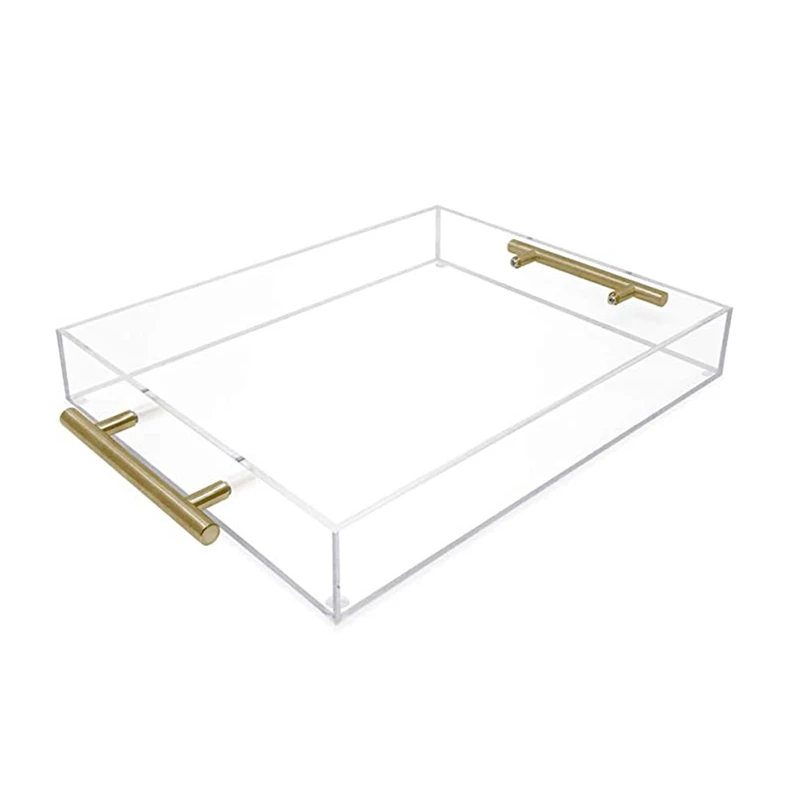 Kitchen Food Drinks Storage Plastic Container Clear Acrylic Serving Tray With Gold Metal Handles Spill-proof