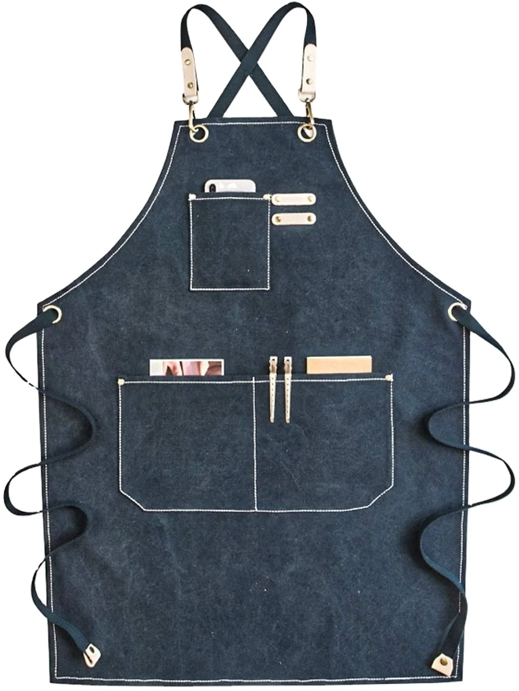 Unisex Long Cotton Logo Canvas Barber Apron Back Adjustable Tool Pockets Adjustable Bib Apron Wood Working Garden Apron