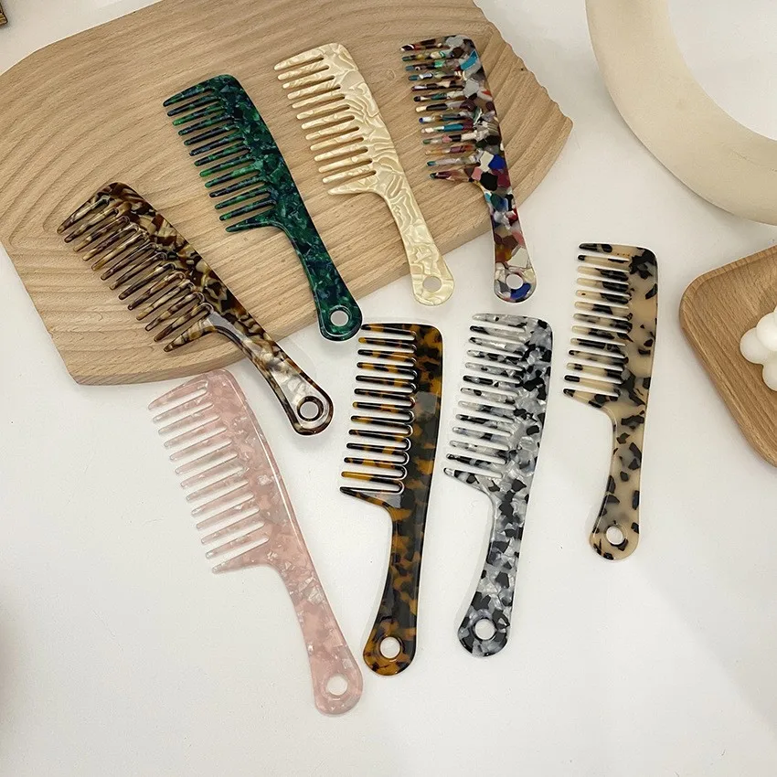 Factory Custom Logo Portable Anti Static Detangler Acetic Acid Leopard Marble Wide Tooth Comb Cellulose Acetate Hair Comb