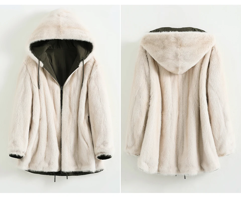 Fashion Women Winter Warm Mink Fur Coat Drawcord At Waist Reversible Hooded Outwear