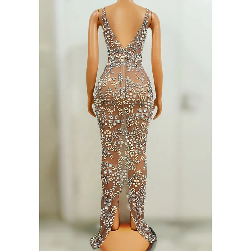 Plus Size Party Gown With Diamonds Feather Wear Beaded Evening Dresses For Women