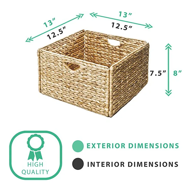 Handmade Foldable Woven Water Hyacinth Storage Basket Decorative Seagrass Wicker Shelf Basket With Handles