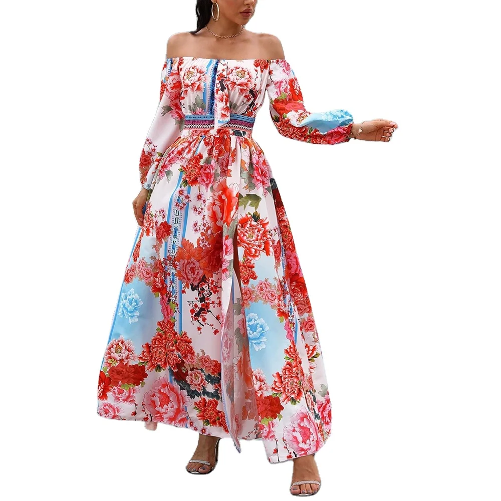 Quality Slit Elegant Print Cheap Evening Dresses Vintage Floral Long Sleeve Dress