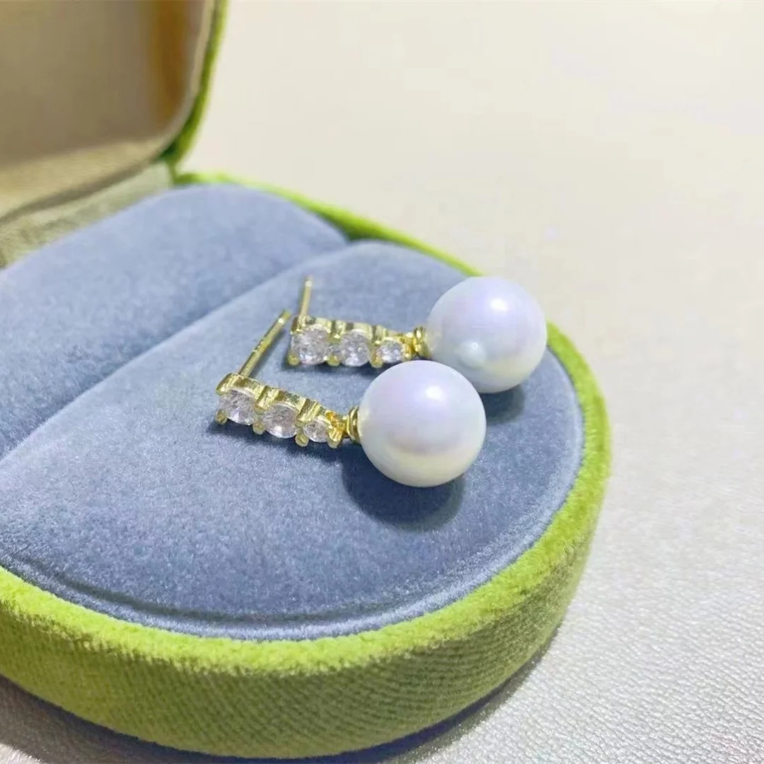 970E 8-9mm Real Natural Freshwater pearl earring 925 sterling silver with Gold Plated ear stud for women