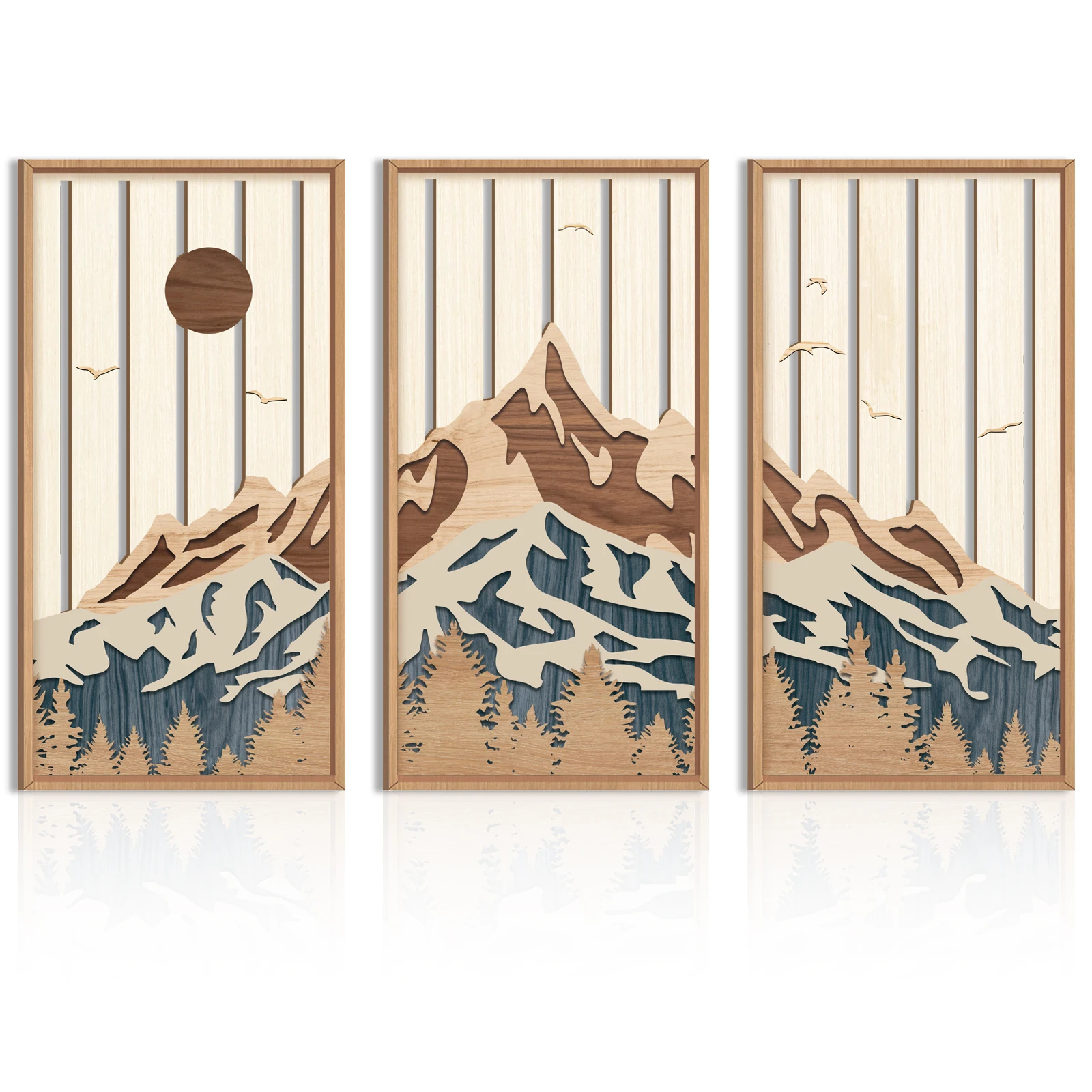 Boho Sun Wood Wall Art Geometry Line Hollow Wall Decor Mid Century Modern Decor 3 Panels Sunrise Wall Sculptures Wooden Set for