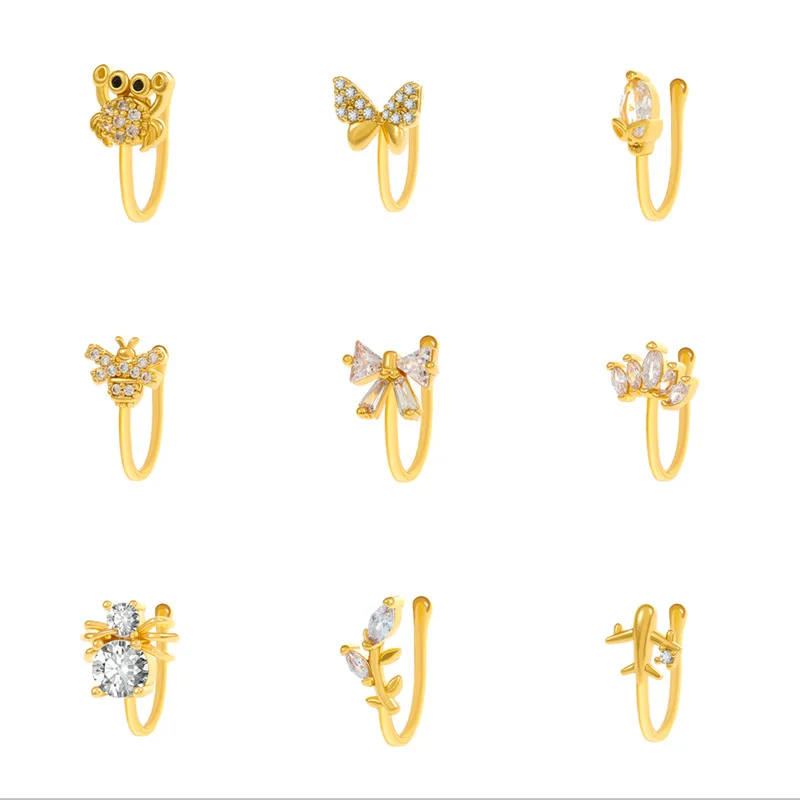 2022 New Trendy Luxury 20 Styles Arrow butterfly Crown Bee love Heart Gold Plated U Shape Non Piercing Nose Rings