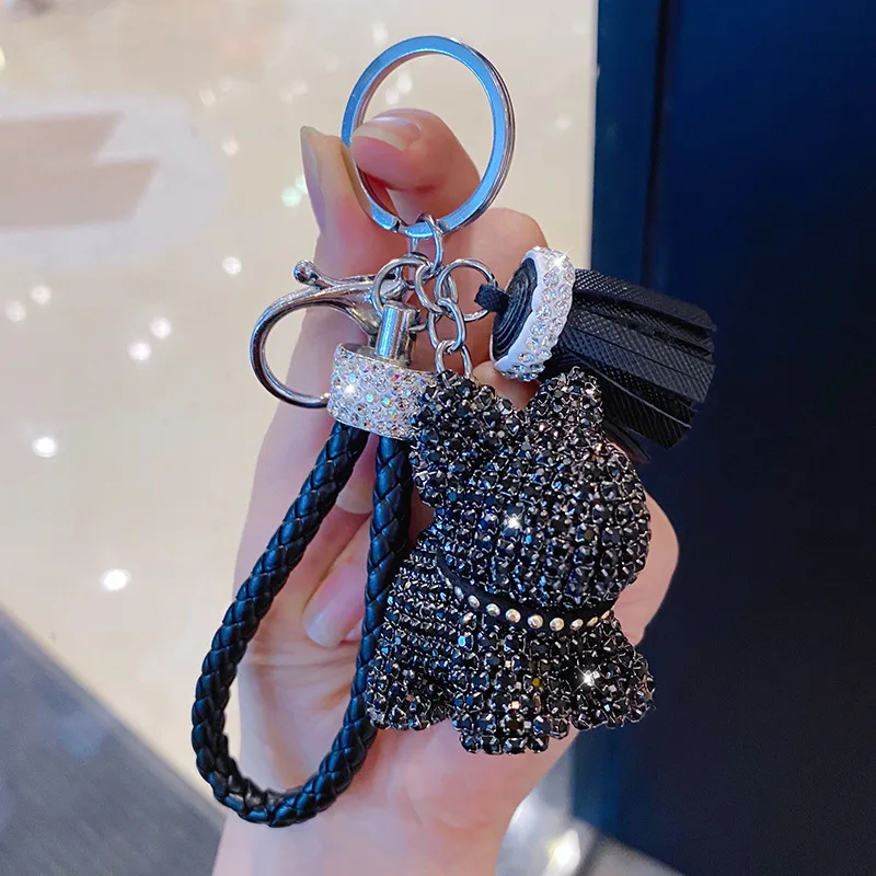 Leather  fashion crystal bear keychain sparkly popobe keyring rhinestone teddy doll handbag charm
